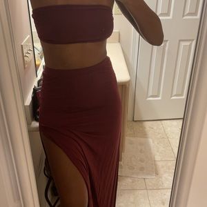 Two Piece Burgundy Tube Top & Skirt Set